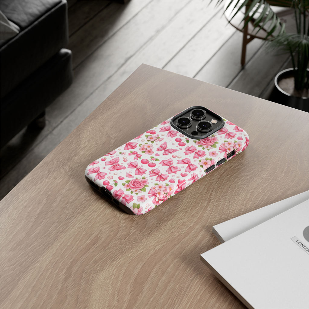 Girly Pink Bow & Floral iPhone Case – Cute Aesthetic Chic