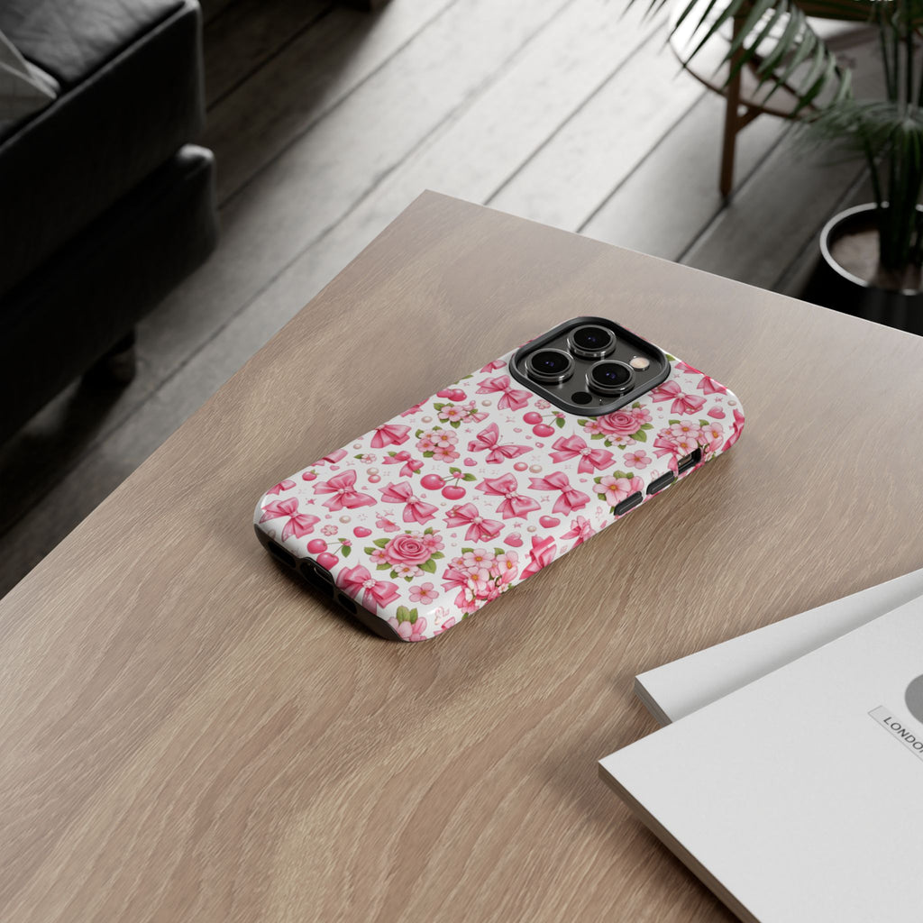 Girly Pink Bow & Floral iPhone Case – Cute Aesthetic Chic