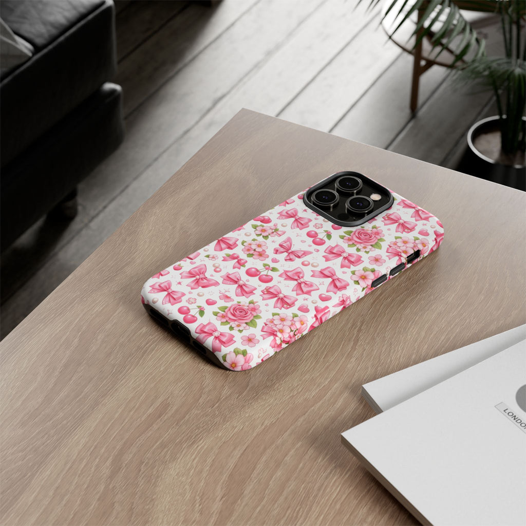 Girly Pink Bow & Floral iPhone Case – Cute Aesthetic Chic